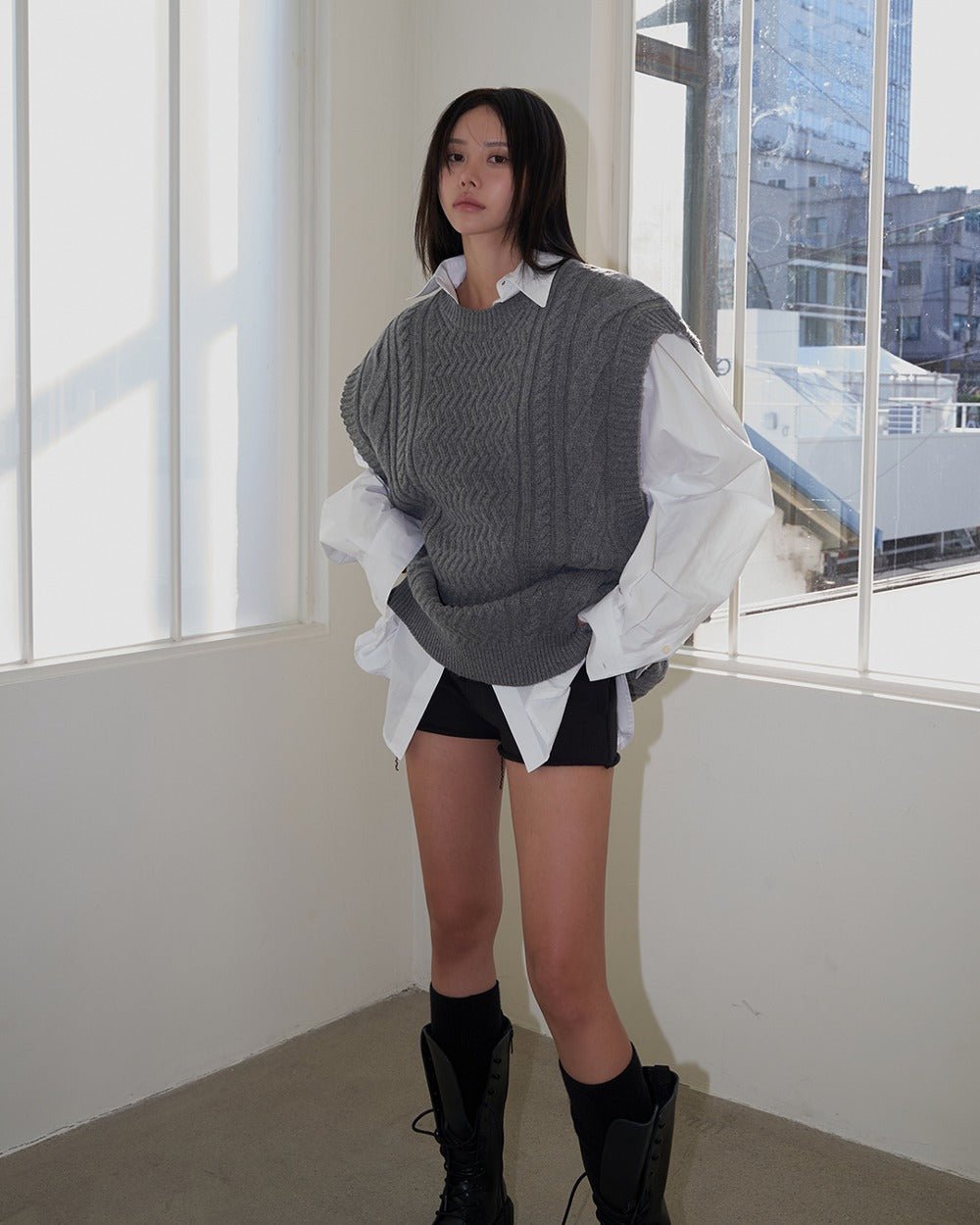 cable boxy knit vest - THE BASE